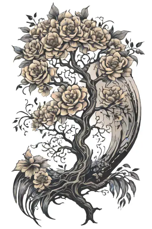 tree of life with flowers from reed, rowan, elder and willow trees tattoo design idea
