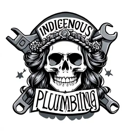 "Indigenous Plumbing " skull hairdress and wrench  tattoo design idea
