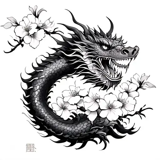 Japanese inspired tattoo with dragon going down with Japanese cherry blossoms and shading around it tattoo design idea