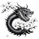 Japanese inspired tattoo with dragon going down with Japanese cherry blossoms and shading around it tattoo design idea