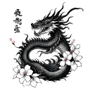Japanese inspired tattoo with dragon going down with Japanese cherry blossoms and shading around it tattoo design idea