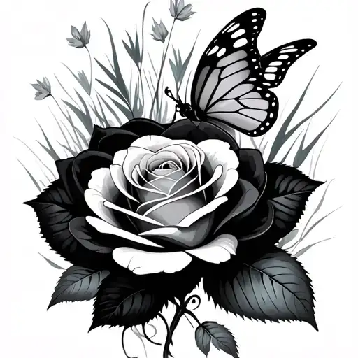 rose, grass, small butterfly, black, narrow, long tattoo design idea