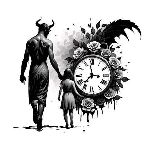 half father half devil holding daughters hand coming walking to a distance with a clock around it melted with roses tattoo design idea