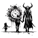half father half devil holding daughters hand coming walking to a distance with a clock around it melted with roses tattoo design idea