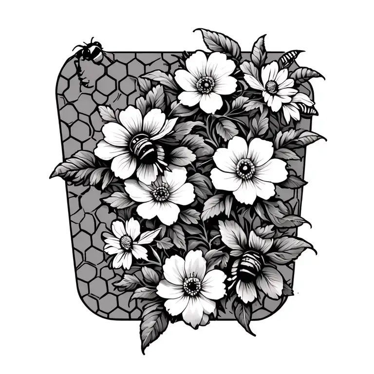 bees, flowers and honeycomb pattern tattoo design idea