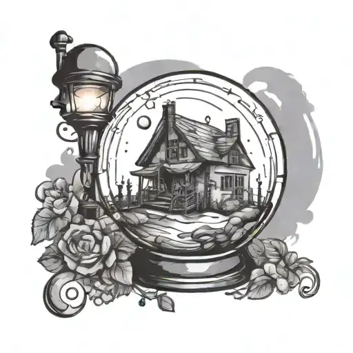 “A crystal ball with a small lamp inside at the top. Below the lamp, there is a house, and beside it are some gifts, tattoo design idea
