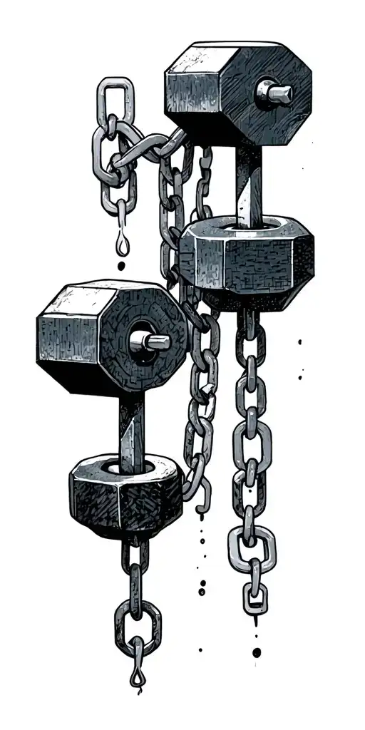 Dramatic barbell, chain, dumbbell, with geometric pattern  tattoo design idea