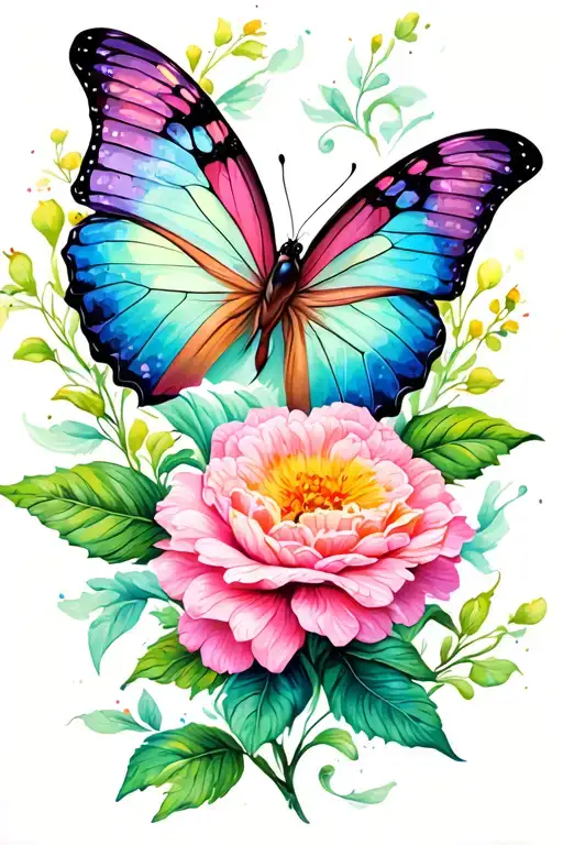 a colorful floral landscape inspired tattoo featuring a butterfly tattoo design idea