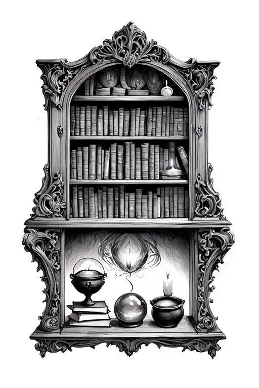 Dark academia style wall bookshelf filagree frame. filled with old worn books, cauldron, crystal ball, candles lit tattoo design idea