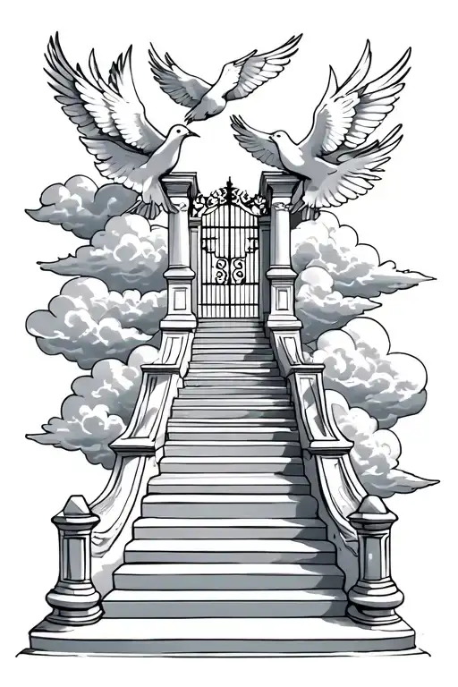 stairs to heaven with doves and clouds with a gate  tattoo design idea