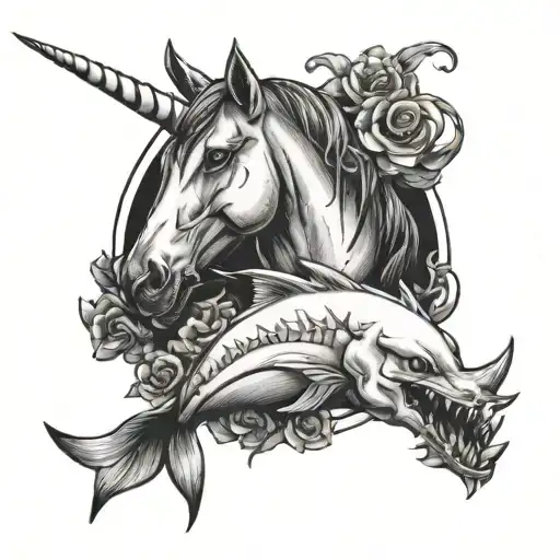 Unicorn and baby shark tattoo design idea