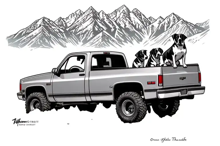 back of forearm of man and two dogs in the back of a 1985 Chevrolet Silverado truck bed overlooking the grand tetons tattoo design idea