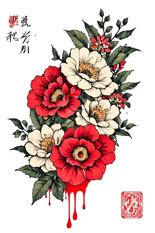 "Hell’s paradise" flowers and blood dripping tattoo design idea