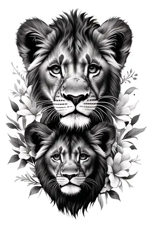 3 lion cub faces floral design featuring tattoo design idea
