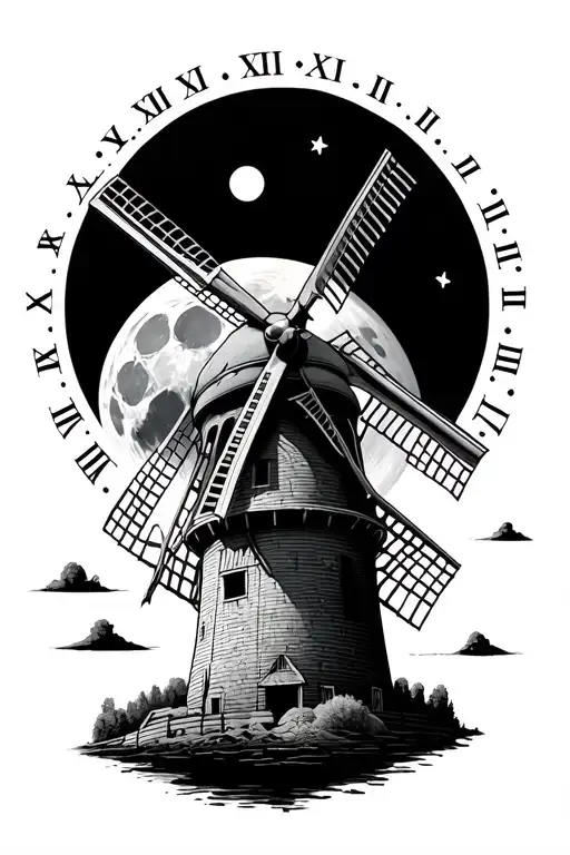 Dutch windmill with big moon merged with Roman numerals tattoo design idea
