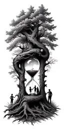 Oak forest wrap around and family tree and hour glass father with 3 kids tattoo design idea