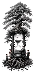 Oak forest wrap around and family tree and hour glass father with 3 kids tattoo design idea