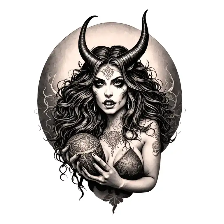 “Stylized female demon with horns, fangs, flowing hair, holding eerie object; elegant, detailed shading, surreal organic tattoo design idea