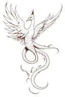 ] Phoenix  snaking acorss upper thigh tattoo with a long firey tail in black and white tattoo design idea