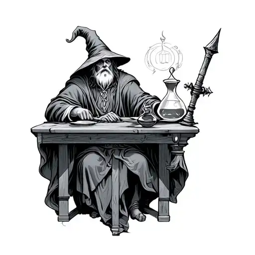 a wizard alchemist sitting at a table in a dungeon in ink tattoo design idea