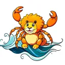 cartoon cancer crab with big fluffy Leo mane sitting on the Aquarius wave symbol tattoo design idea