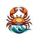 cartoon cancer crab with big fluffy Leo mane sitting on the Aquarius wave symbol tattoo design idea