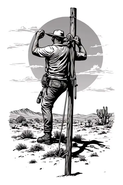 lineman climbing pole in the desert landscape tattoo design idea