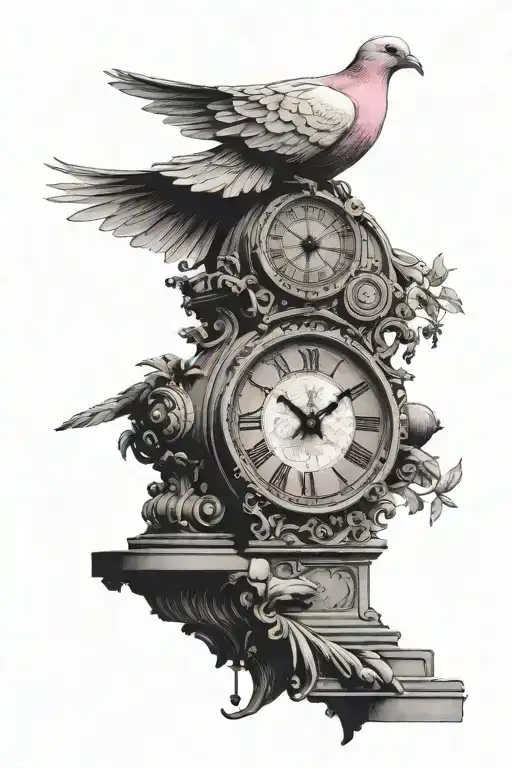 pink clock dove and roman monument tattoo design idea