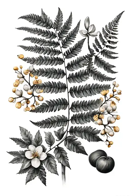 Black and grey botanical tattoo design of a fern frond, golden wattle, and eucalyptus with gumnuts and blossoms.  tattoo design idea