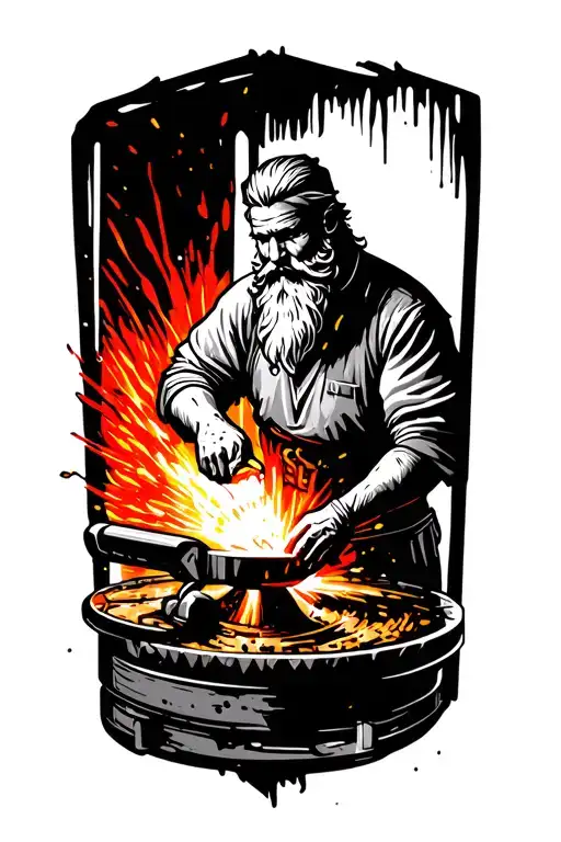 Slavic blacksmith with beard at grinding wheel, black-white tattoo sketch, vivid red-yellow sparks, no text tattoo design idea