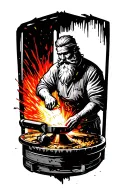 Slavic blacksmith with beard at grinding wheel, black-white tattoo sketch, vivid red-yellow sparks, no text tattoo design idea