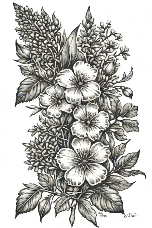a cluster of wild flowers with the quote "with pain comes strength" tattoo design idea