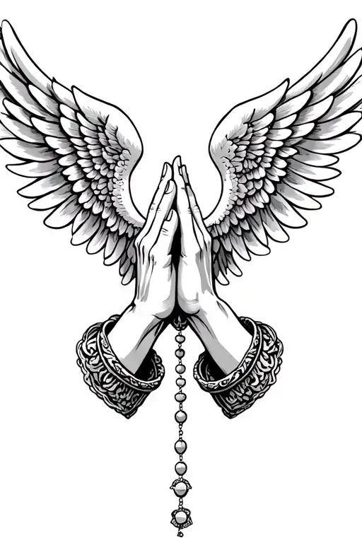 Praying Hands, Rosary beads intertwined, Wings tattoo design idea