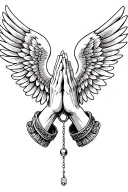 Praying Hands, Rosary beads intertwined, Wings tattoo design idea