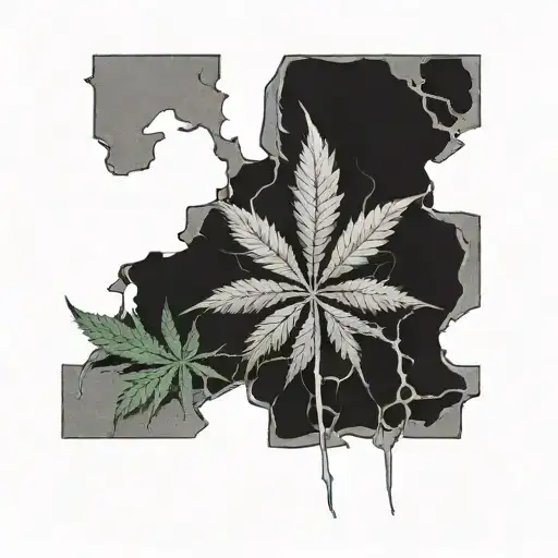 Design a unique tattoo showcasing a stylized cannabis plant growing through the cracks of a gritty city pavement, symbolizing resilience and growth tattoo design idea