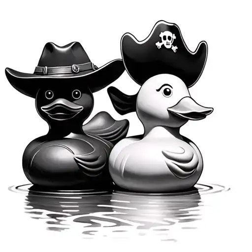 three rubber ducks, one with a cowboy hat, one with a construction hat, one with a pirate hat tattoo design idea