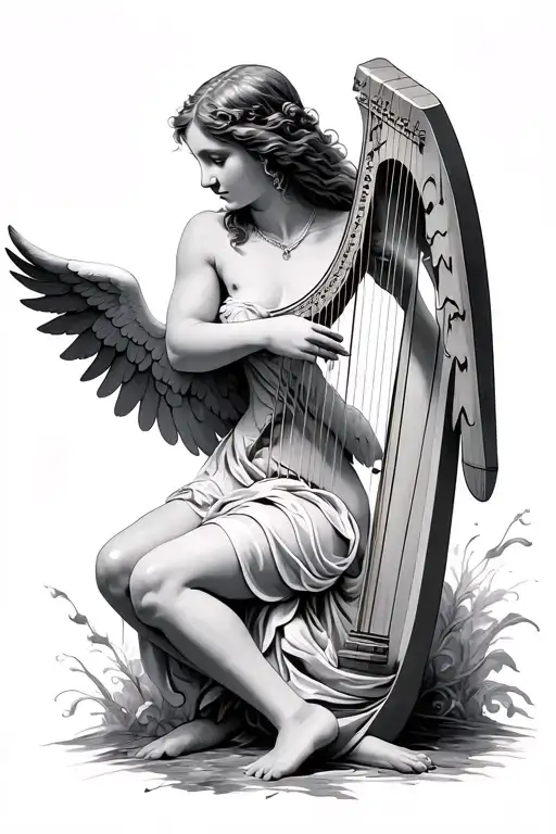 wings angel playing harp tattoo design idea