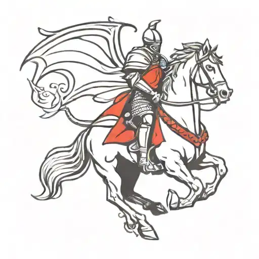 a knight on a white horse kills a dragon with a spear knight in armor and a red cloak tattoo design idea