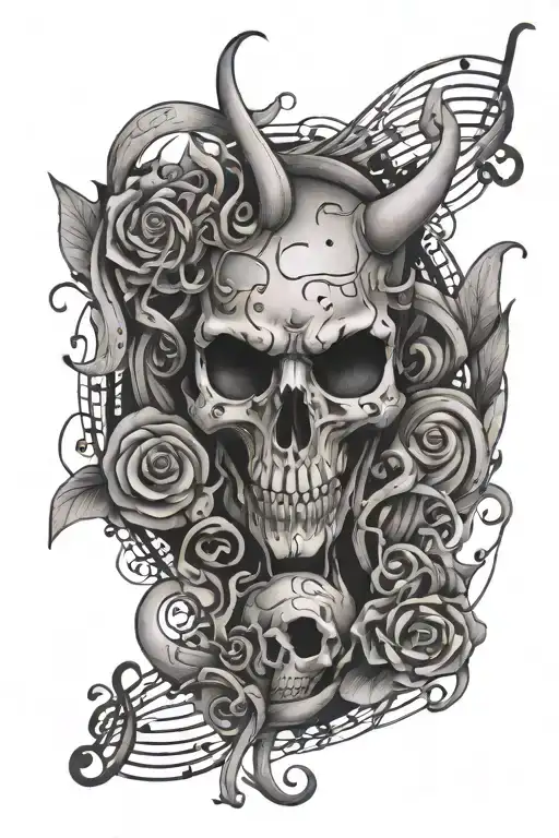 Music notes tatto idea scary one with small devil face tattoo design idea