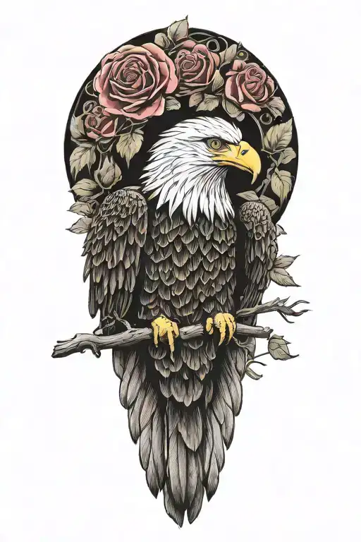 Bald eagle surounded by roses tattoo design idea