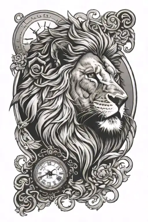 male lion with birth time piece tattoo design idea