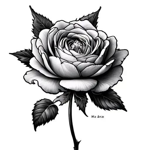 Mia Annie text along a peony rose stem tattoo design idea