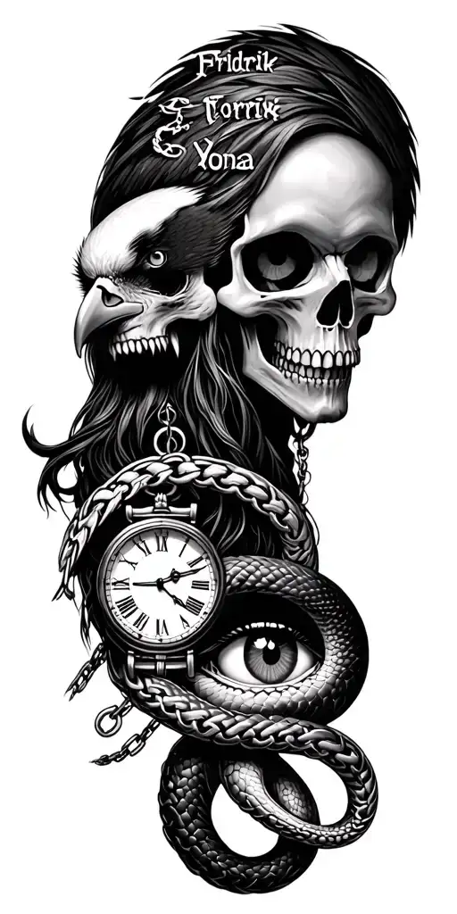 scary gothic full sleeve black and grey tattoo with skulls, chains, clock, snake, eagle eye names Fridrik and Yona in tattoo design idea