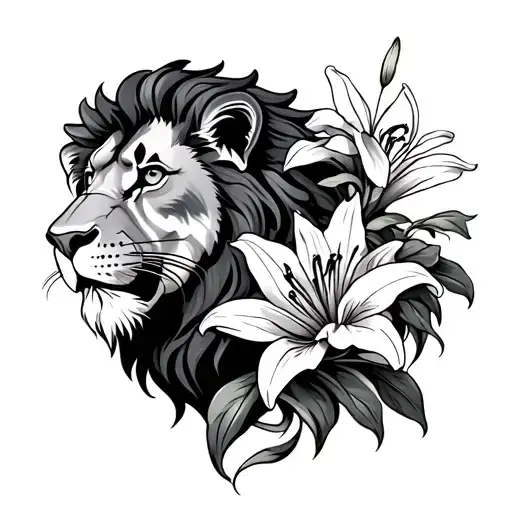 lion with lily flower (like Bosnian lily flower) and with moonshine tattoo design idea