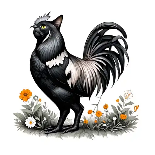 cottage garden scene, black cat, rooster tattoo design idea