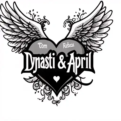 "Tom Rebecca" "Dynasti & April" "Dynasti & April" names inside a heart with wings flying tattoo design idea