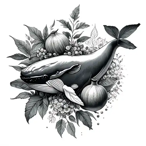 Tattoo with plants, whale, pomegranate (fruit) and something magical tattoo design idea