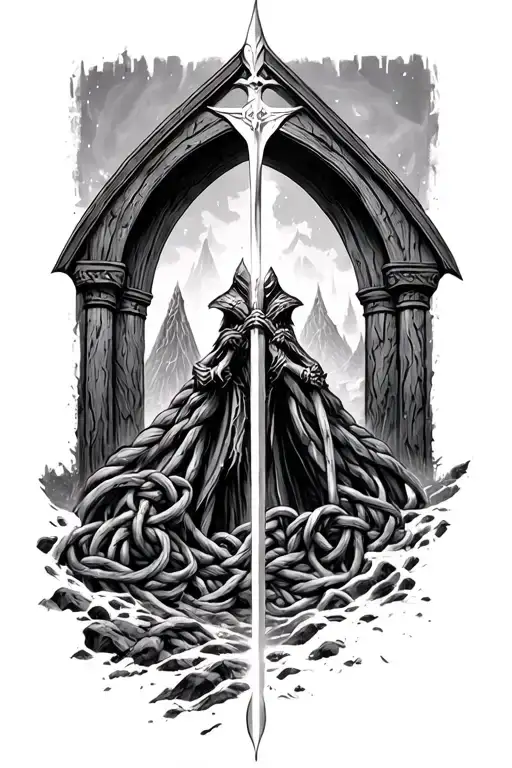 lord of the rings narsil with aragorns gates of mordor speech, with the knots of rohan as backround tattoo design idea