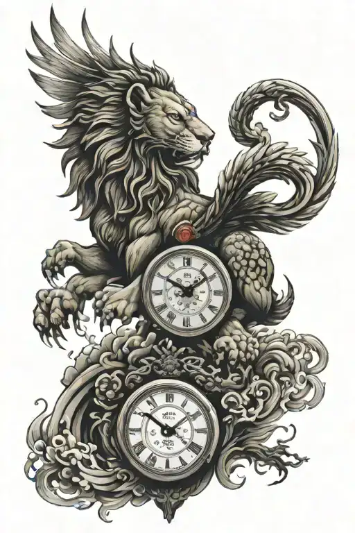 angle wings & lion head & clock & 630 tattoo design idea