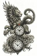 angle wings & lion head & clock & 630 tattoo design idea